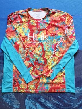 Men's Huk Long Sleeve Performance Fishing Shirt - Red, Teal, Yellow